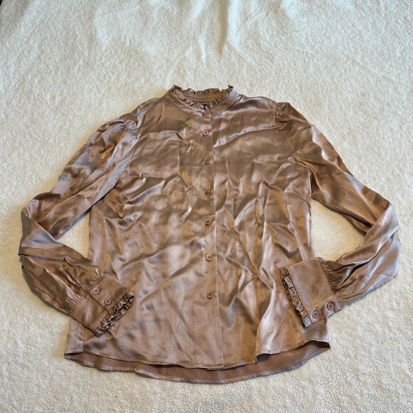 Reformation 100% Silk Blouse Blush Pink Button Up Ruffled Collar & Sleeves Small - Picture 1 of 7